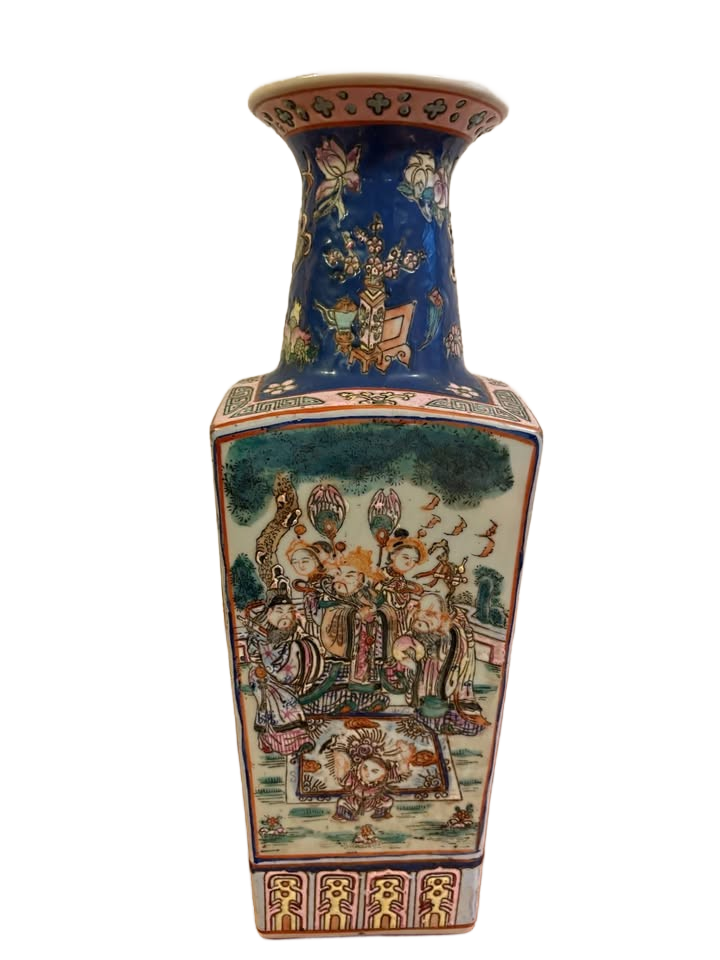 Finely Painted Chinese Famille Rose Square Pocelain Vase - 15"