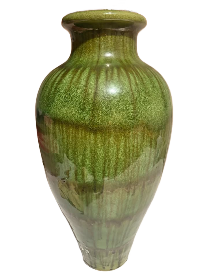 Mid-Century Modern Haeger Pottery Green Crackle and Brown Drip Glaze Vase - 18 inches tall