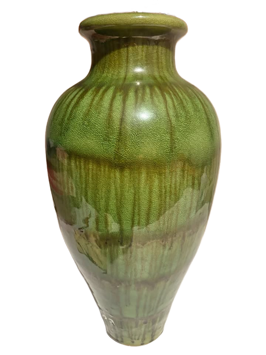 Mid-Century Modern Haeger Pottery Green Crackle and Brown Drip Glaze Vase - 18 inches tall