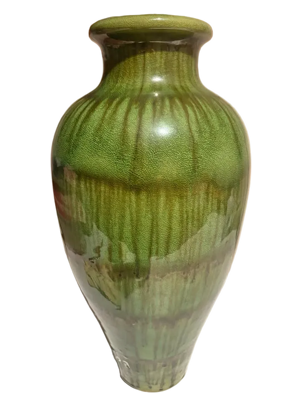 Mid-Century Modern Haeger Pottery Green Crackle and Brown Drip Glaze Vase - 18 inches tall