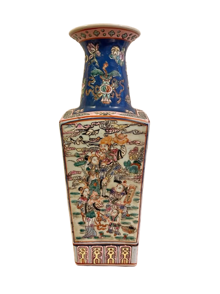 Finely Painted Chinese Famille Rose Square Pocelain Vase - 15"