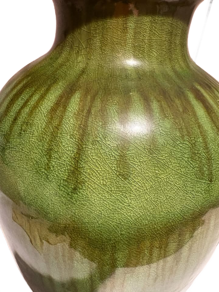 Mid-Century Modern Haeger Pottery Green Crackle and Brown Drip Glaze Vase - 18 inches tall