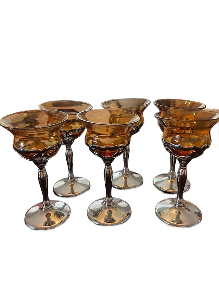 1950’s Art Deco Sherry Glasses Farber Bros Chrome Barware Set of 6