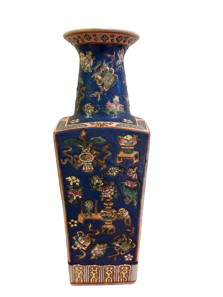 Finely Painted Chinese Famille Rose Square Pocelain Vase - 15"