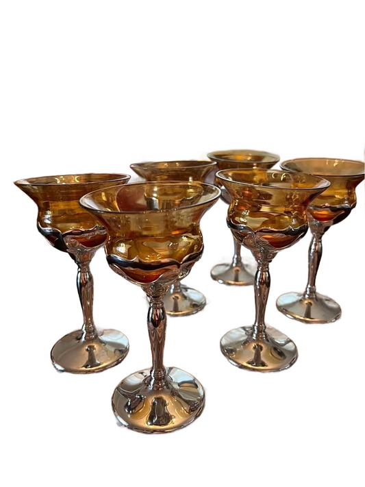 1950’s Art Deco Sherry Glasses Farber Bros Chrome Barware Set of 6