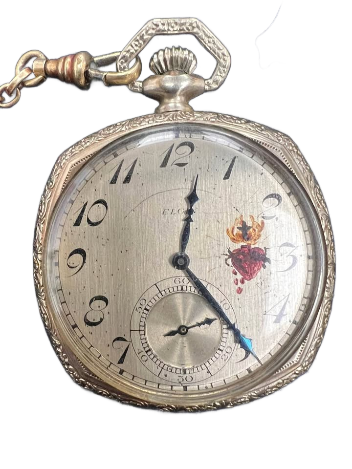 1924 Hand painted Sacred Heart eternal flame and Cross rare Elgin open faced pocket watch