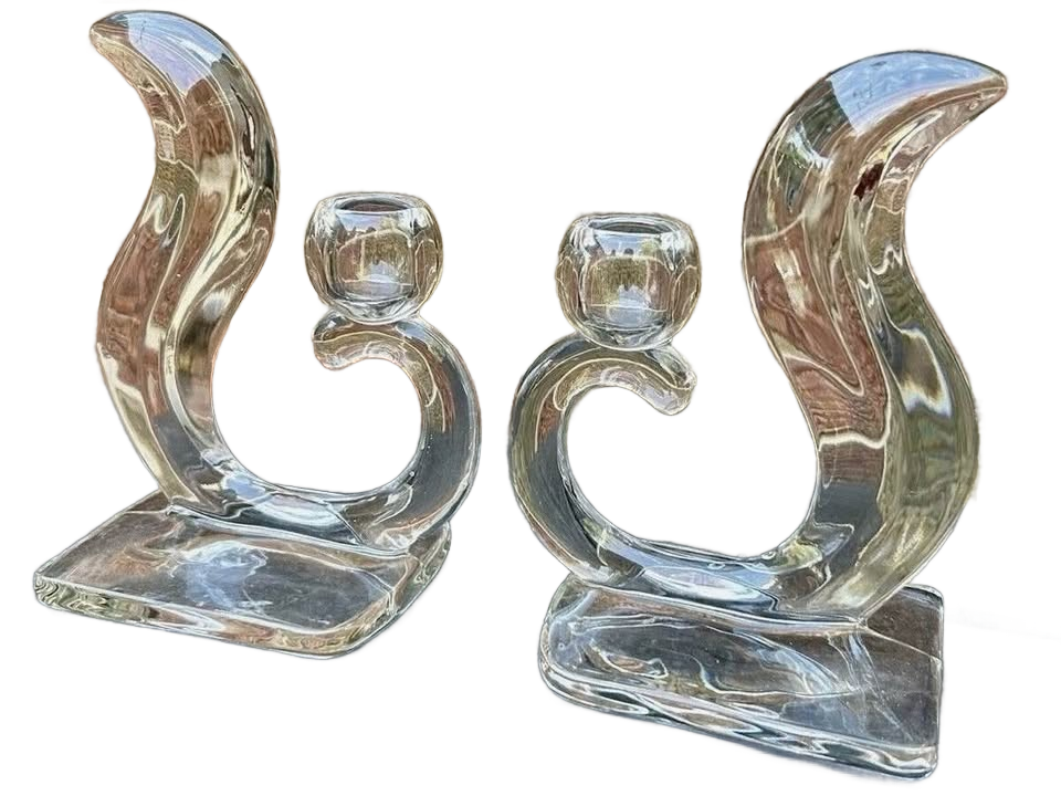 Vintage New Martinsville Squirrel Tail Flame Candle Holders Set Of 2 Midcentury