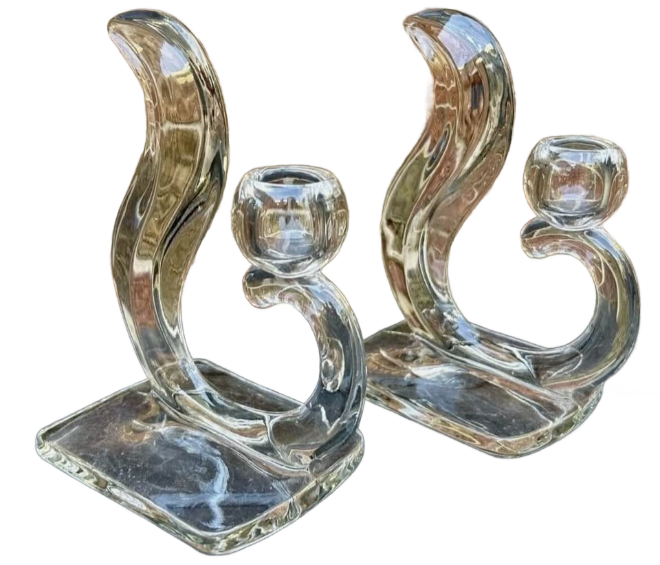 Vintage New Martinsville Squirrel Tail Flame Candle Holders Set Of 2 Midcentury