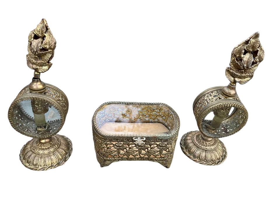 Vintage french 1940s 24 kart gold Ormolu dresser 3 piece set