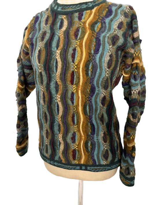 Coogi 3D Knit Sweater Vintage, Textured, Colorful 100% PURE NEW WOOL Small Used