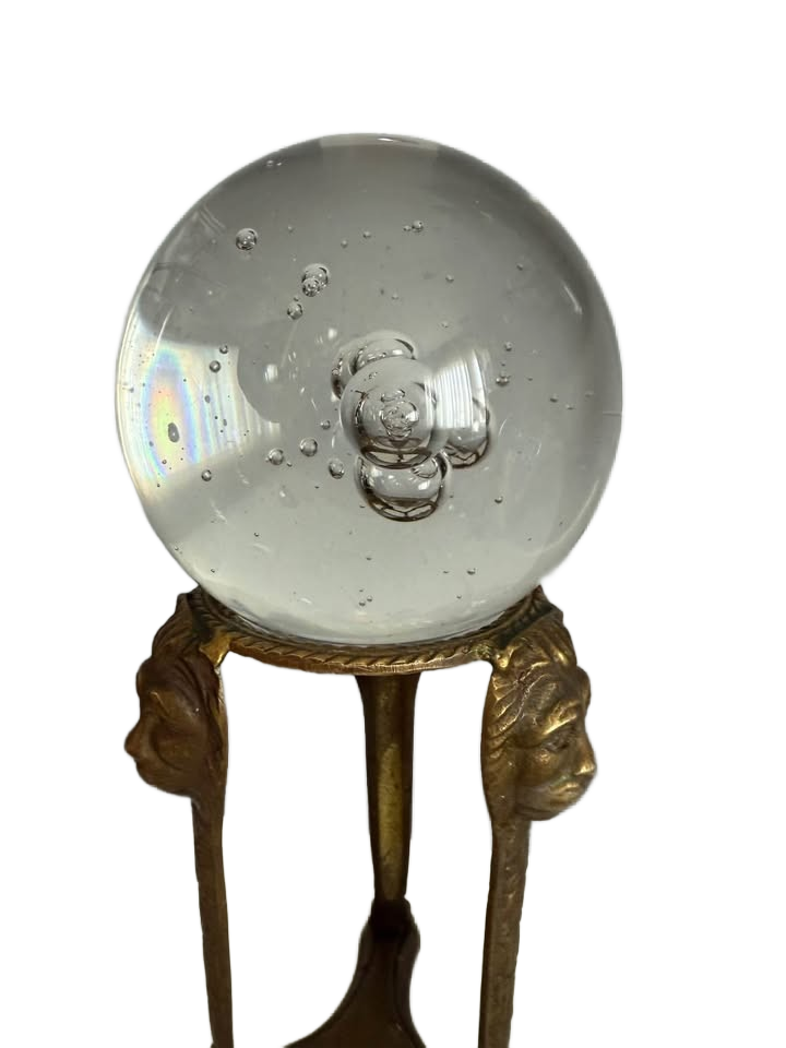 Vintage Brass Lion Trio Stand With Large Crystal Ball