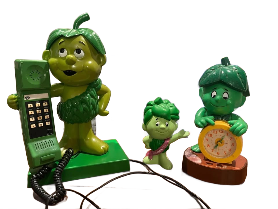 Collectible Green Giant Promotional Marketing Items-Telephone, Alarm Clock, soft Plstic Sprout Toy
