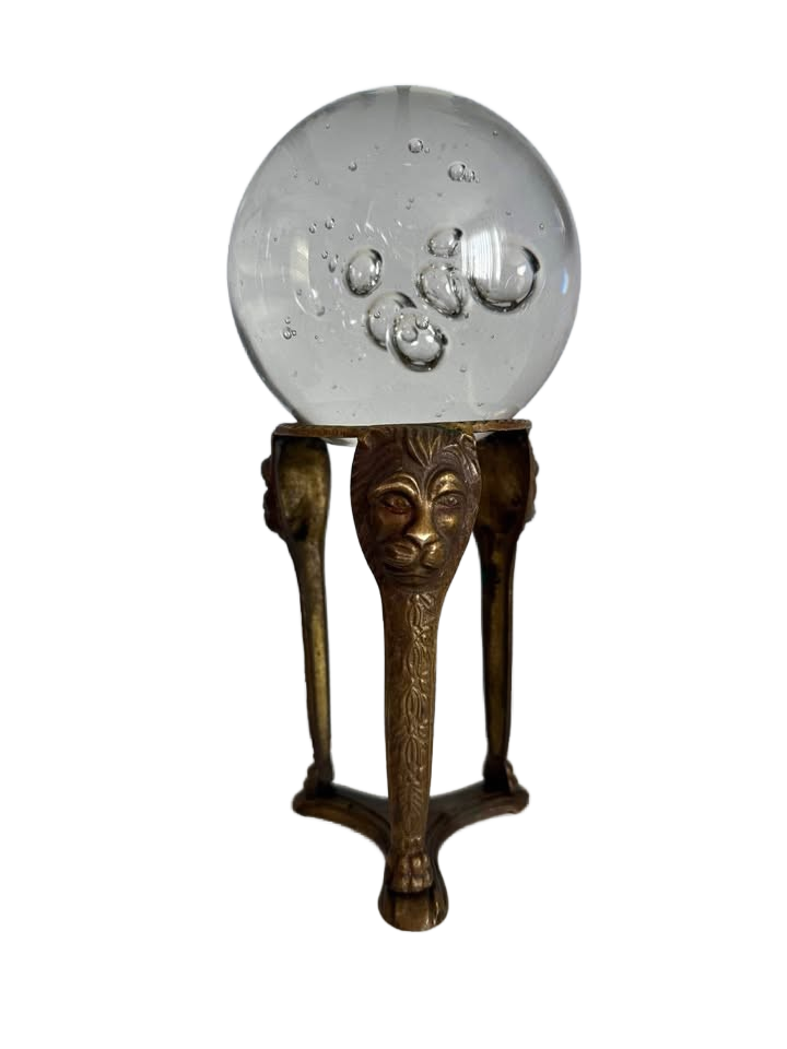 Vintage Brass Lion Trio Stand With Large Crystal Ball
