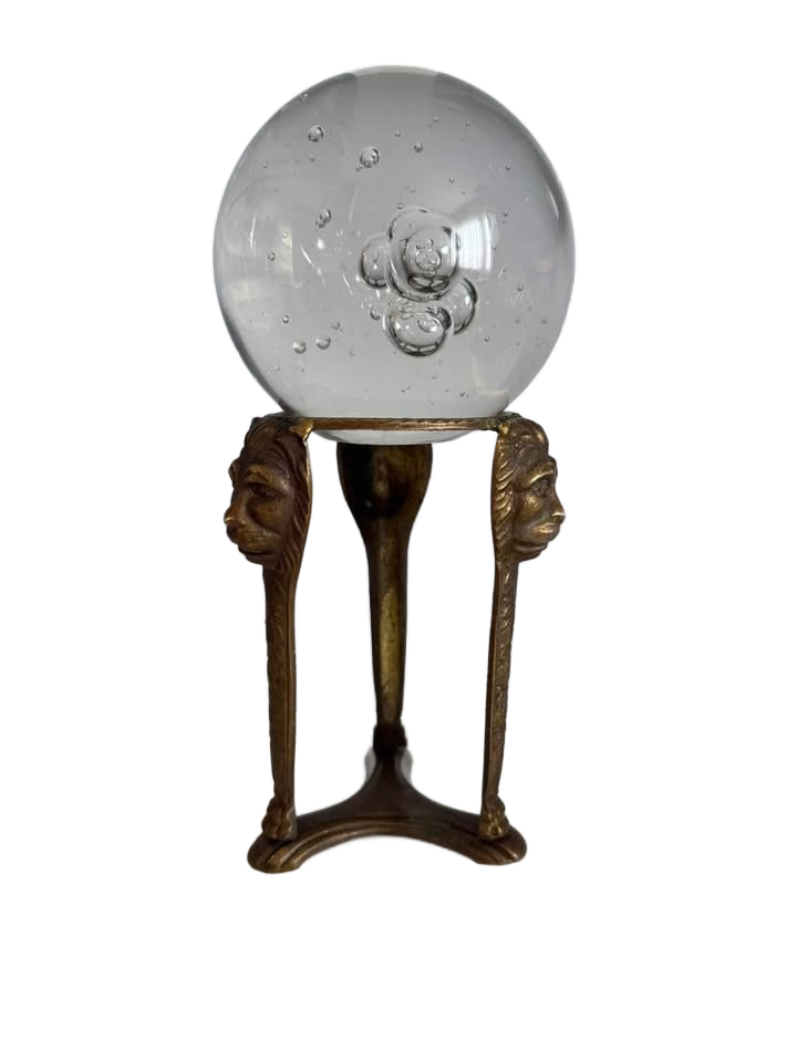 Vintage Brass Lion Trio Stand With Large Crystal Ball