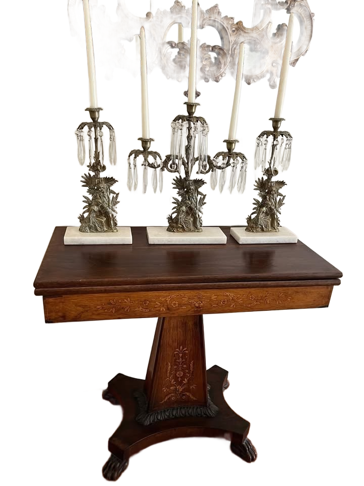 Antique candelabras, bronze with crystal & marble base