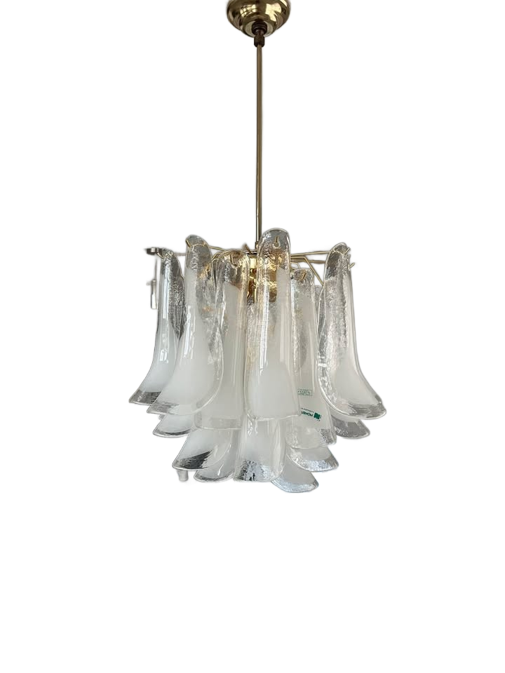 Mid-century modern Mazzega Murano glass petal chandelier with a brass frame
