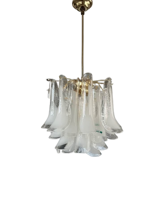 Mid-century modern Mazzega Murano glass petal chandelier with a brass frame