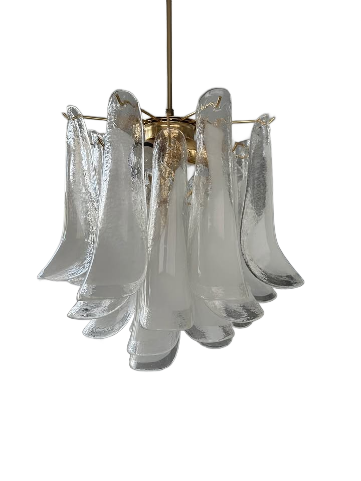 Mid-century modern Mazzega Murano glass petal chandelier with a brass frame