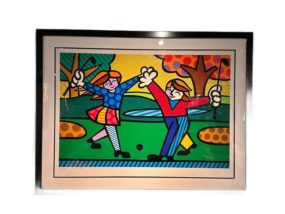 Romero Britto Limited Edition (268/300), Signed Serigraph “New Golfer” Framed In Black