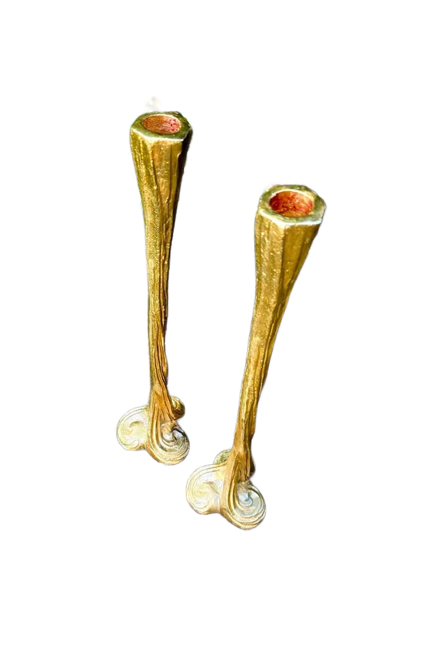 Brutalist-Style 15" Gilded Gold Cast Metal Candle Holders