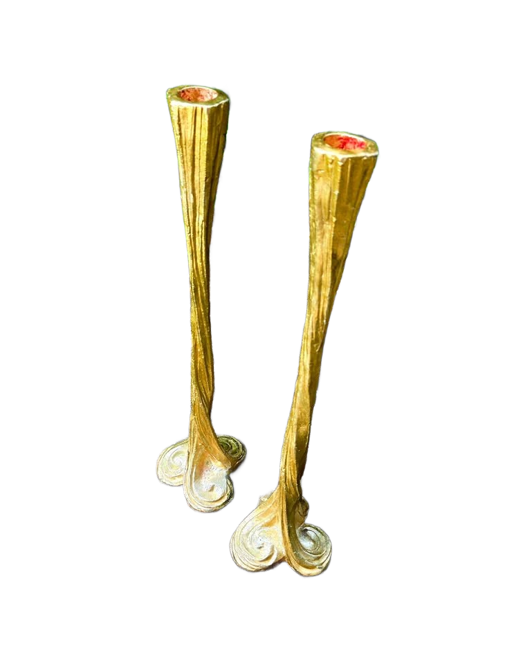 Brutalist-Style 15" Gilded Gold Cast Metal Candle Holders