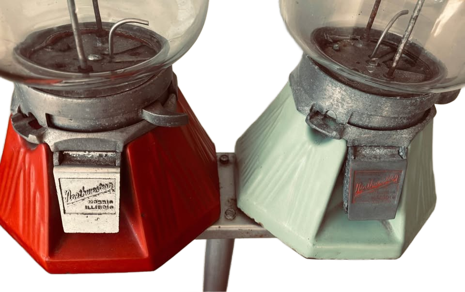 Pair Antique Northwestern Peanut / Gumball Machines w/ stand