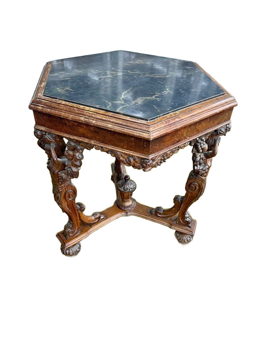 Antique Italian renaissance carved walnut marble like top octagonal side table