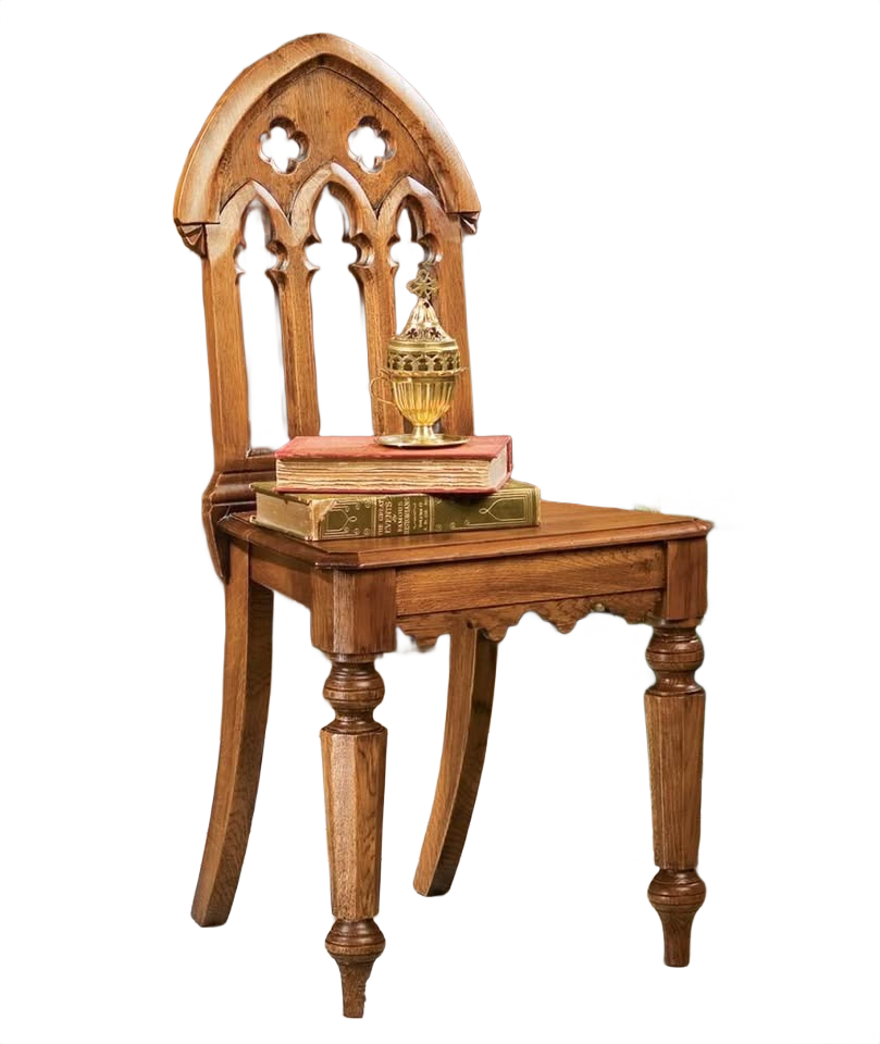 Elegant Pair of Abbey Gothic Revival Side Chairs. Hand Carved Oak-Finished English Antique Replicas