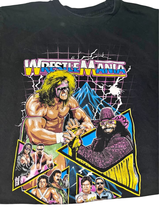 WWF WWE WRESTLEMANIA T-SHIRT MENS L Ultimate Warrior Macho Man Hotrod