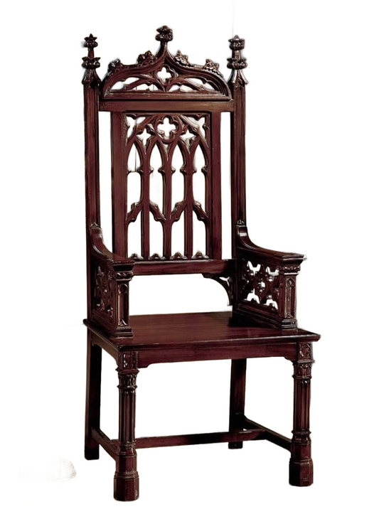 Two Exceptional Burge Gothic Tracery Solid Mahogany Hand Carved Armchairs.