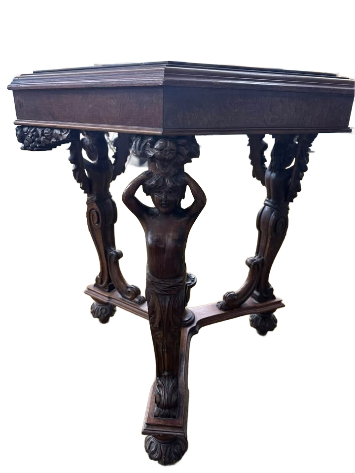 Antique Italian renaissance carved walnut marble like top octagonal side table