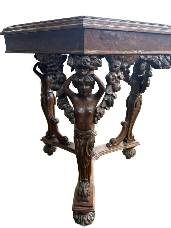 Antique Italian renaissance carved walnut marble like top octagonal side table