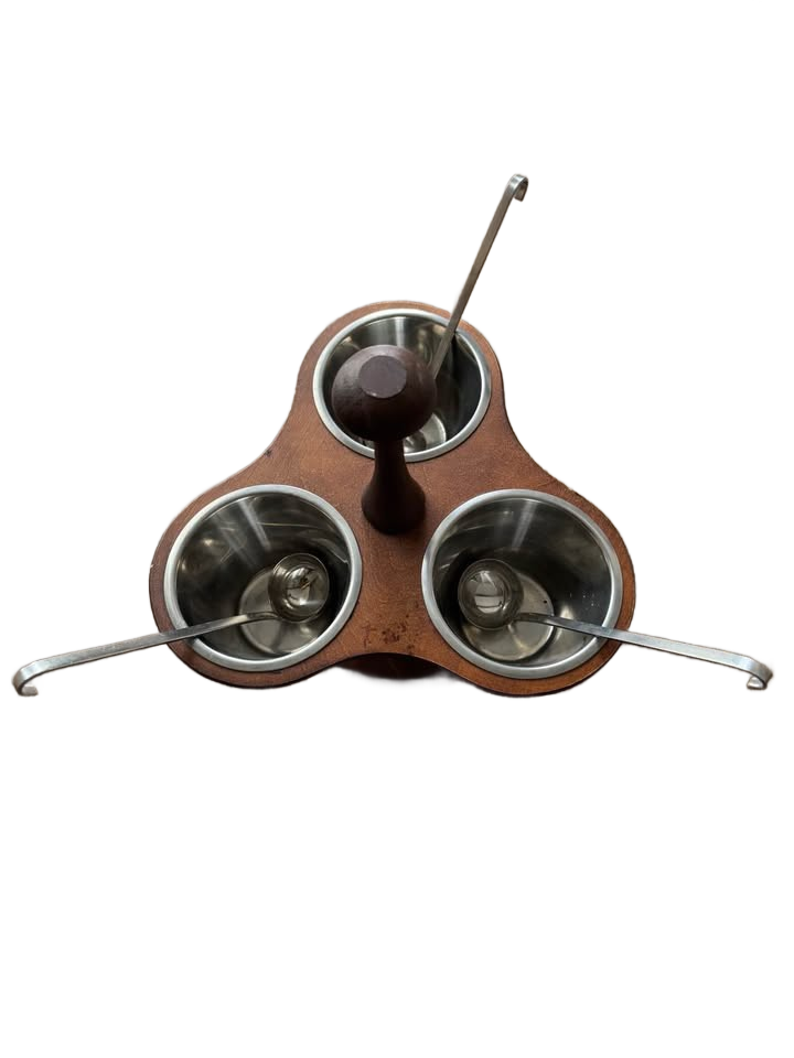 Vintage Margaret Studios Mid-Century Modern walnut and stainless steel 3-cup condiment server.