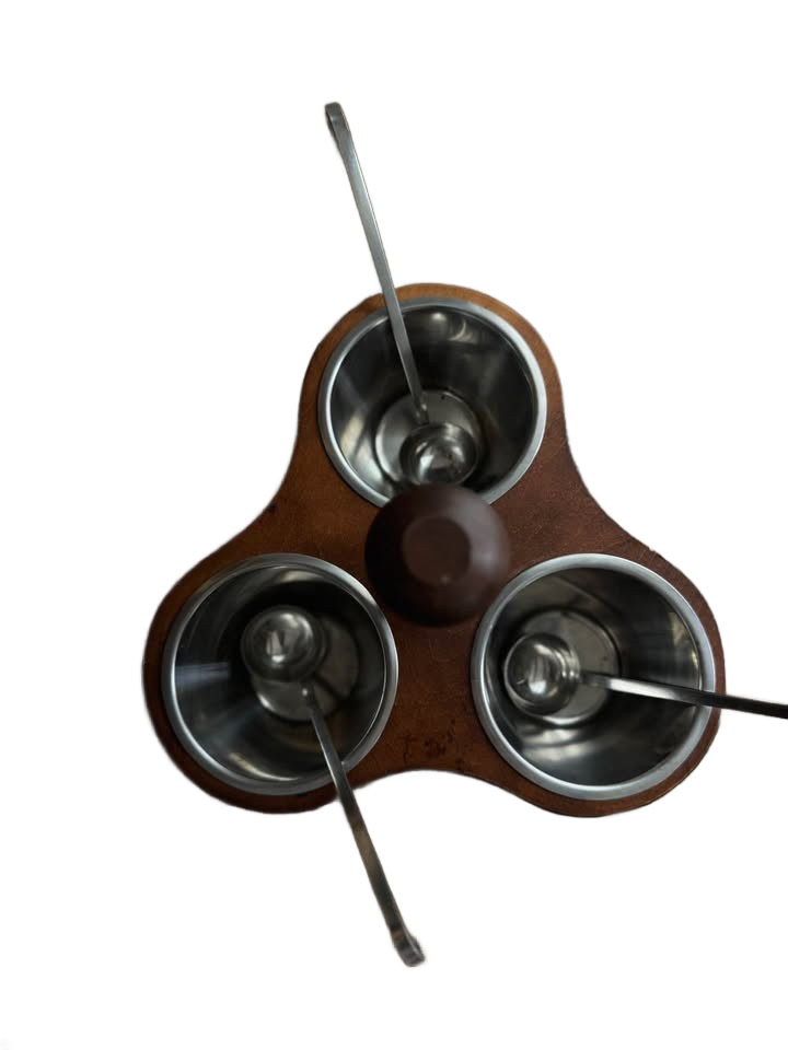 Vintage Margaret Studios Mid-Century Modern walnut and stainless steel 3-cup condiment server.