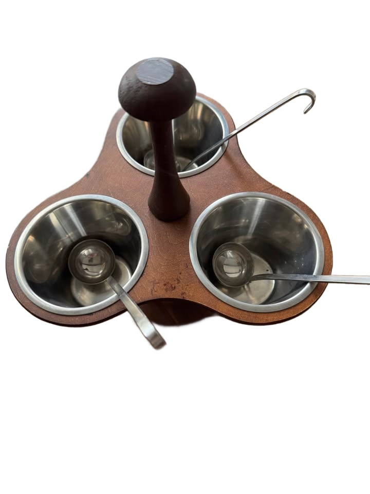 Vintage Margaret Studios Mid-Century Modern walnut and stainless steel 3-cup condiment server.