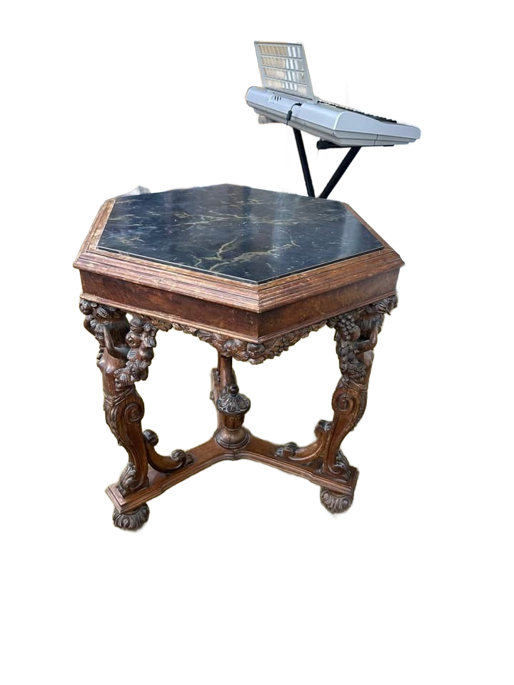 Antique Italian renaissance carved walnut marble like top octagonal side table