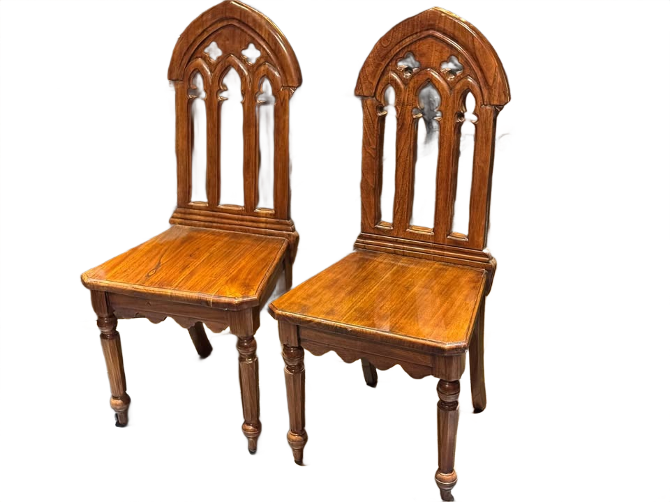 Elegant Pair of Abbey Gothic Revival Side Chairs. Hand Carved Oak-Finished English Antique Replicas