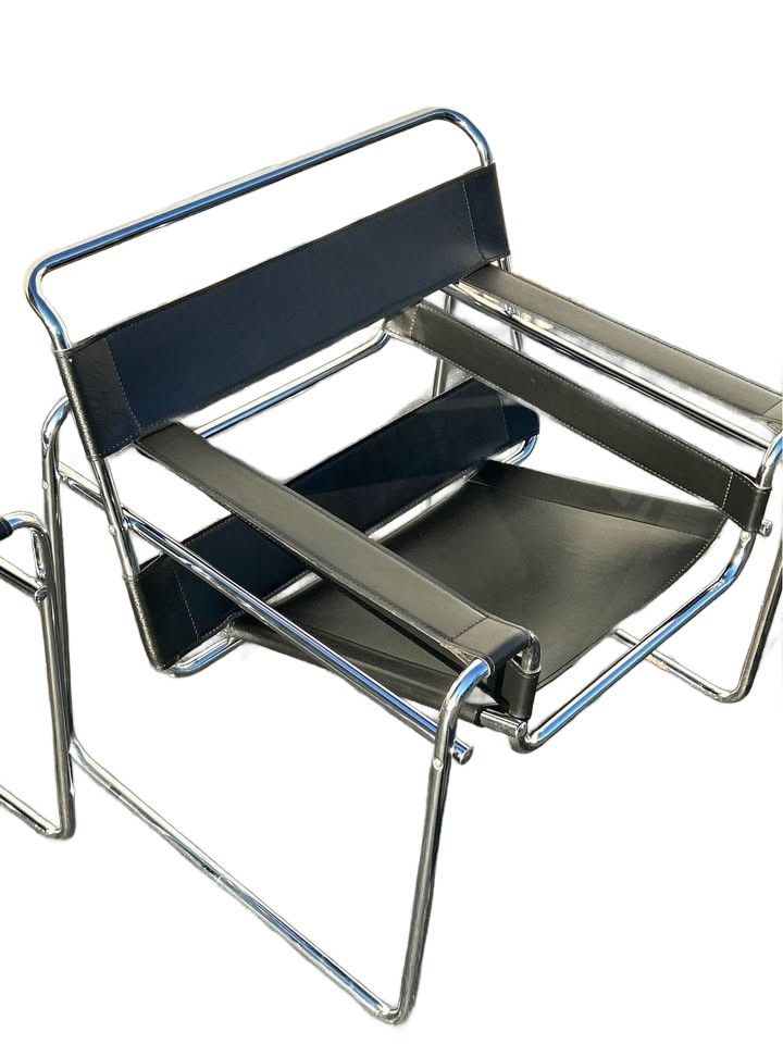 Mid Century Modern Wassily Chair Style Black Leather set of 2 Circa 1980s