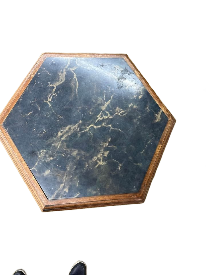 Antique Italian renaissance carved walnut marble like top octagonal side table