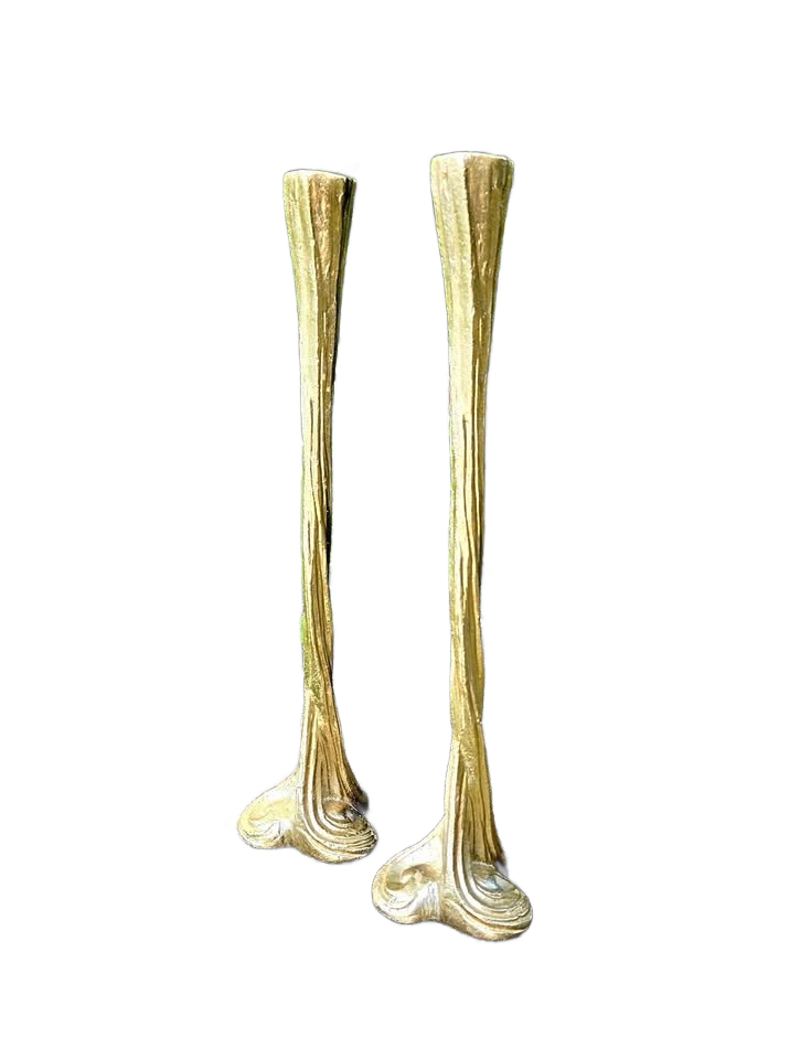 Brutalist-Style 15" Gilded Gold Cast Metal Candle Holders