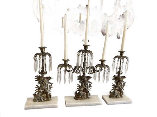 Antique candelabras, bronze with crystal & marble base
