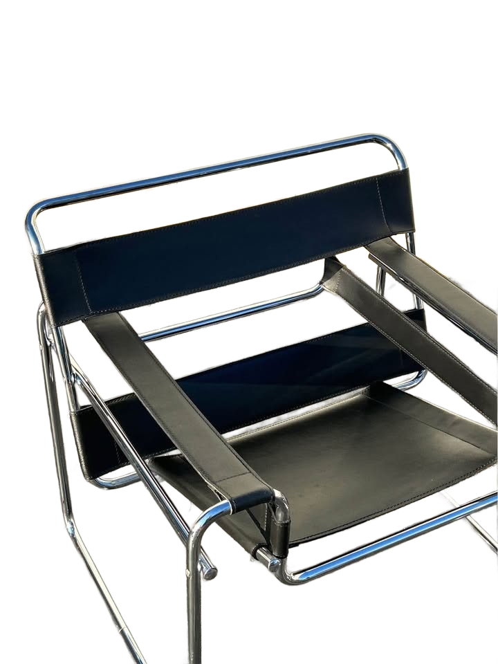 Mid Century Modern Wassily Chair Style Black Leather set of 2 Circa 1980s