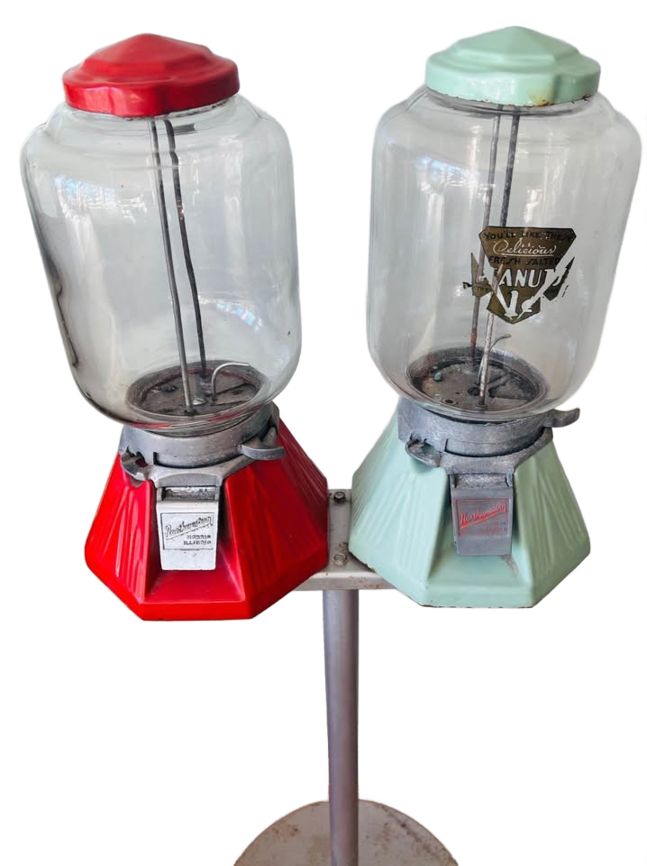 Pair Antique Northwestern Peanut / Gumball Machines w/ stand