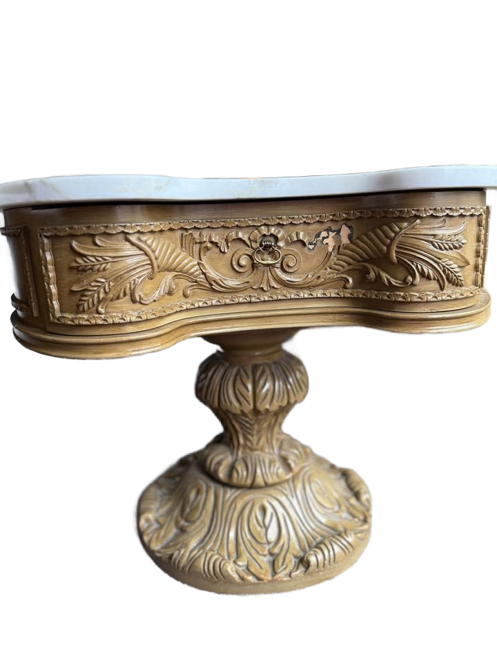 2 Vintage French Provincial Style Carved Wood Side Tables With a Marble Top.