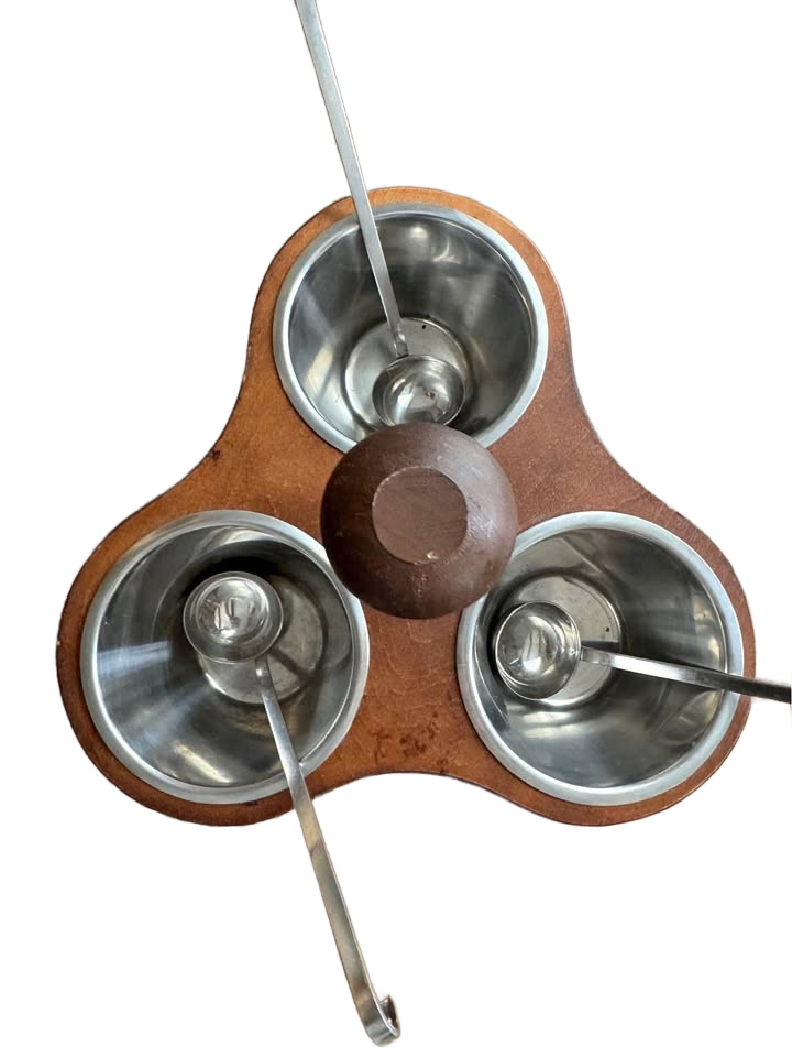 Vintage Margaret Studios Mid-Century Modern walnut and stainless steel 3-cup condiment server.
