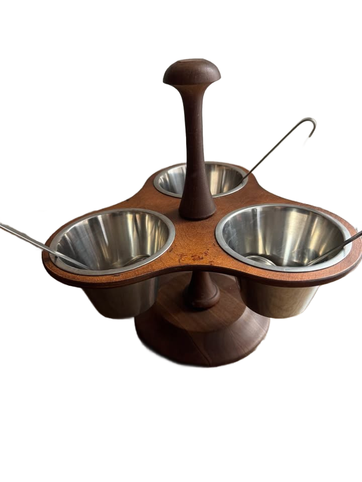 Vintage Margaret Studios Mid-Century Modern walnut and stainless steel 3-cup condiment server.