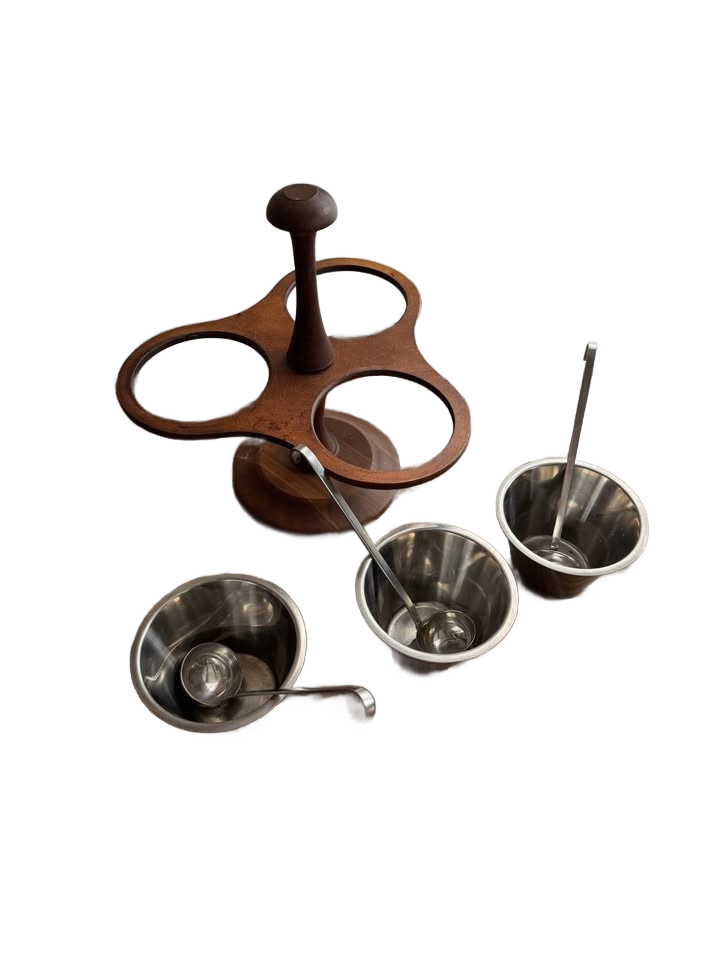 Vintage Margaret Studios Mid-Century Modern walnut and stainless steel 3-cup condiment server.