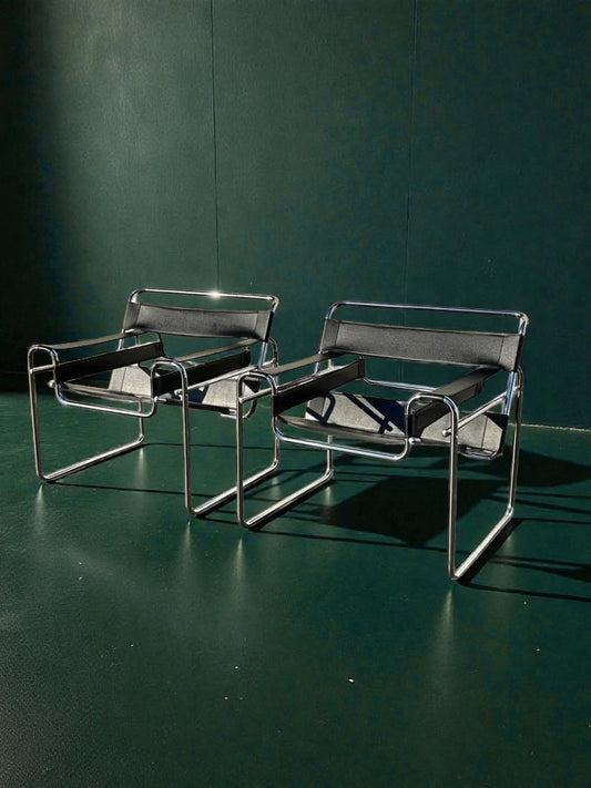 Mid Century Modern Wassily Chair Style Black Leather set of 2 Circa 1980s