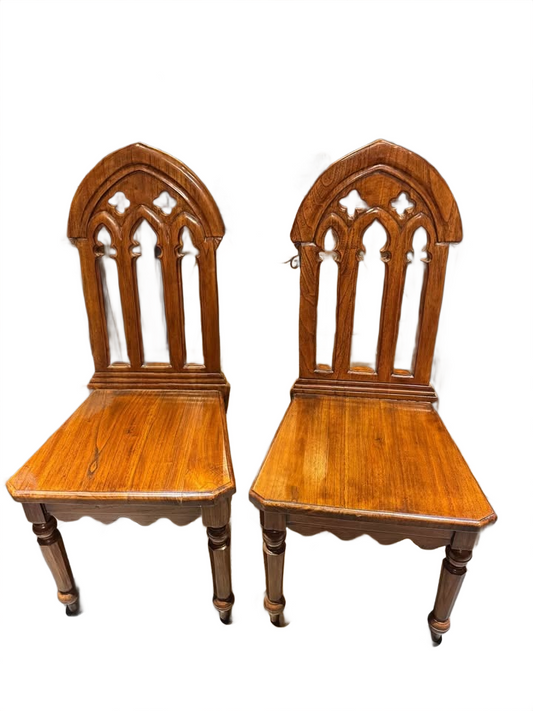 Elegant Pair of Abbey Gothic Revival Side Chairs. Hand Carved Oak-Finished English Antique Replicas