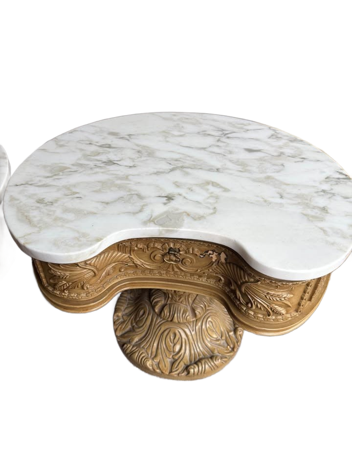 2 Vintage French Provincial Style Carved Wood Side Tables With a Marble Top.